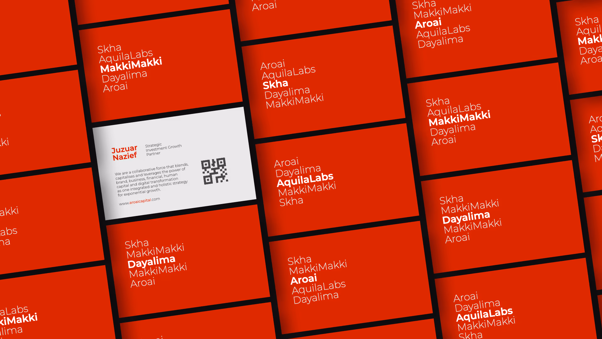 A pattern of red business cards displaying names including MakkiMakki, AquilaLabs, Dayalima, Skha, and Aroai, with one white card showing Juzuar Nazief's name, title, QR code, and a brief description of the collaborative group.