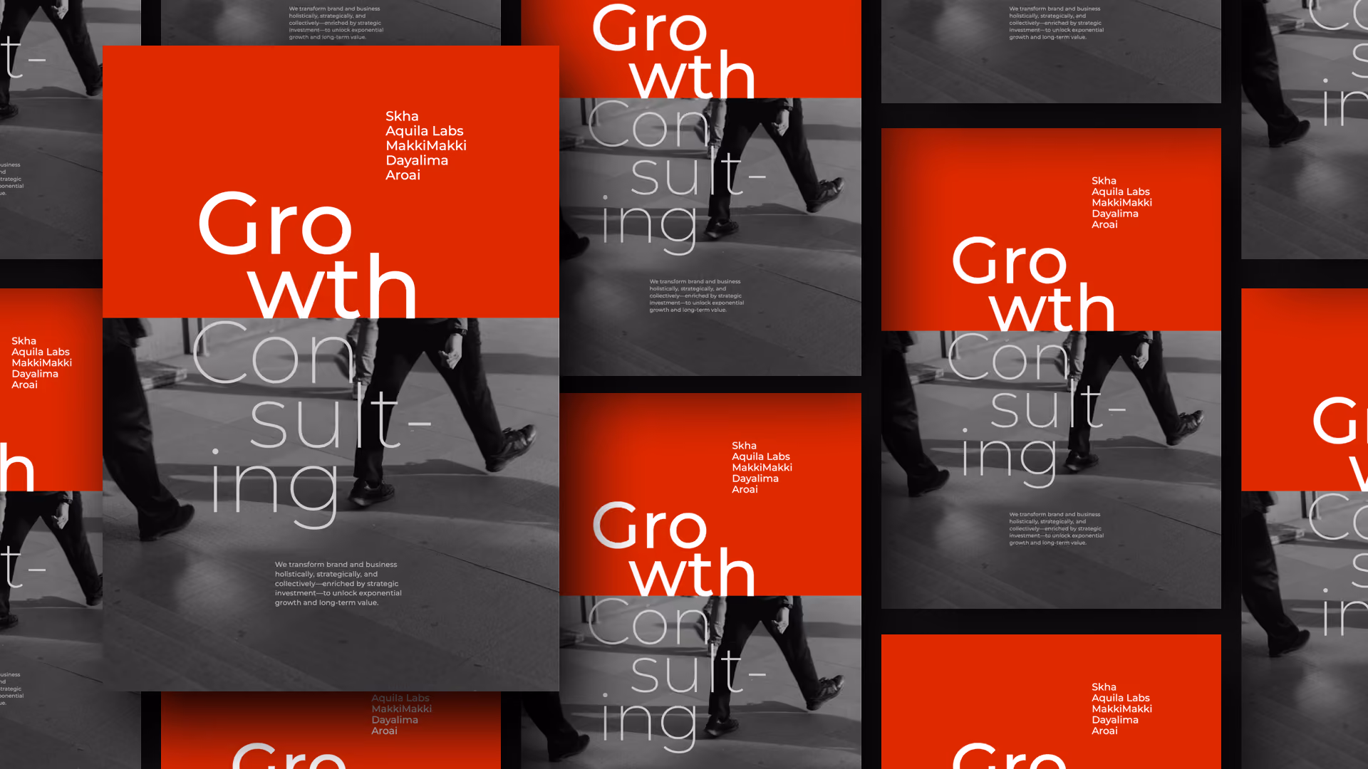 Pattern of overlapping posters with a black and white photo of a walking person and a red block. The text 'Growth Consulting' is prominently displayed in white and gray, along with smaller text listing Skha, Aquila Labs, MakkiMakdi, Dayalima, and Aroai.